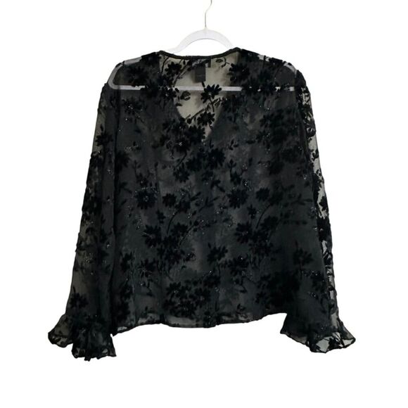 Virgo Velvet Blouse Womens 14 Black Sheer Sparkle Collard Floral Whimsigoth - Picture 2 of 6